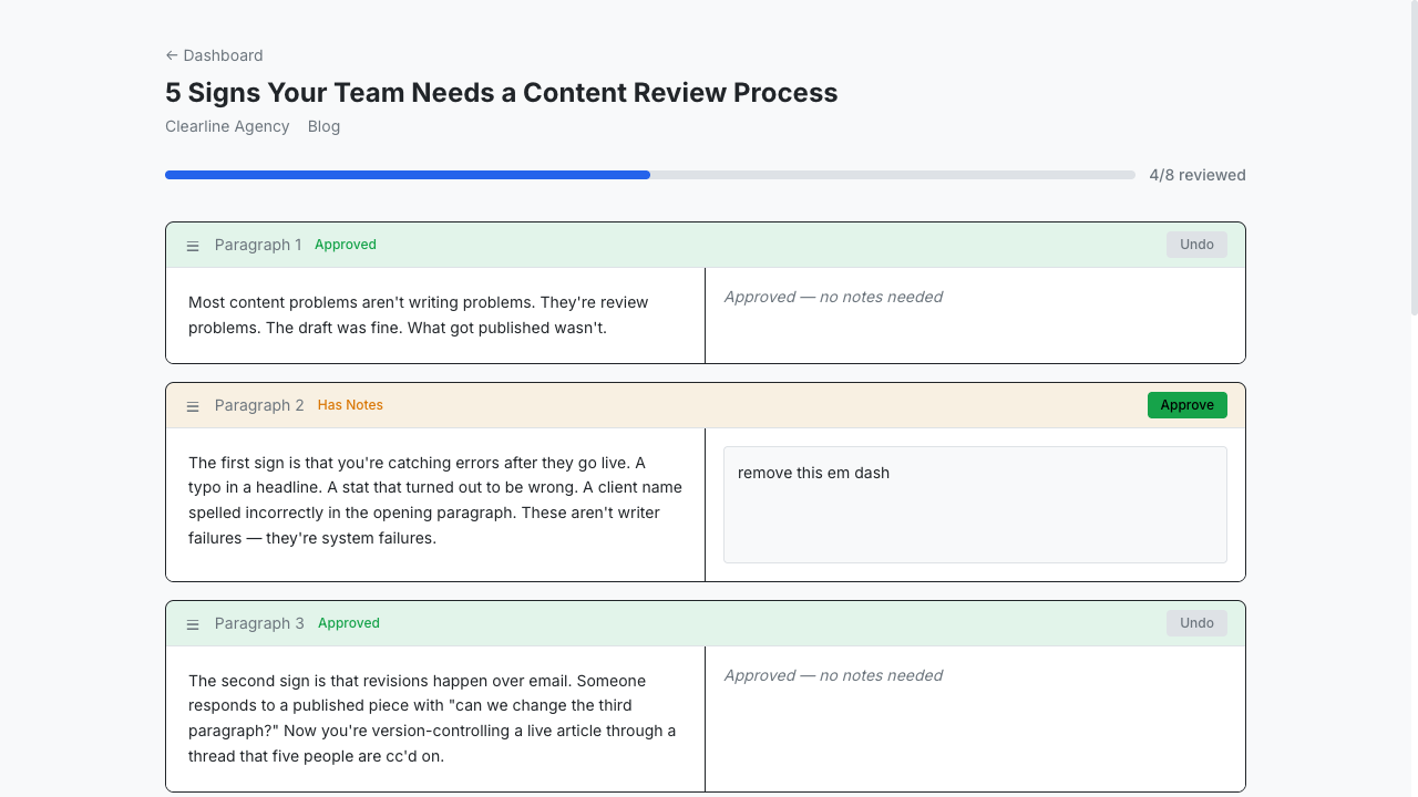 ContentViewPro review view with paragraph-by-paragraph annotation